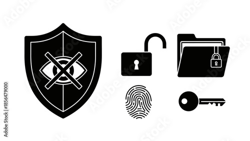 Privacy and security vector icon collection including a shield with a crossed-out eye for invisibility unlocked padlock folder with a lock fingerprint and key