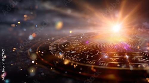 Mystical Astrology Background with Zodiac Signs and Shimmering Light Rays in Cosmic Space