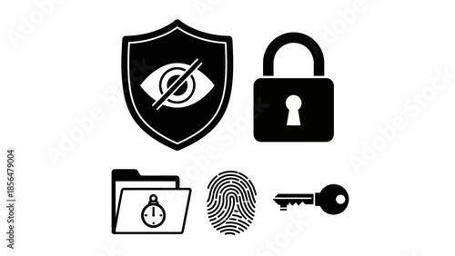 Data protection icon set privacy shield and padlock for security fingerprint and key for access file folder with clock to represent time-sensitive information