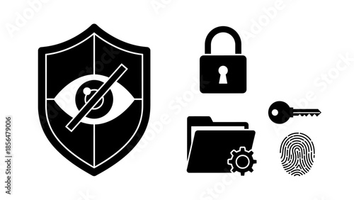 confidentiality icons shield with eye symbol crossed out lock folder with gear symbol fingerprint and key symbolizing secure data management and privacy settings