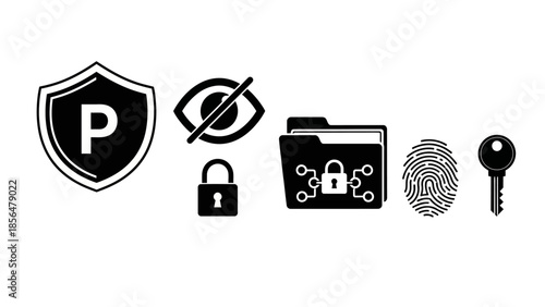 personal data protection icons shield with letter p eye symbol lock folder with network connection fingerprint and key representing secure information transfer