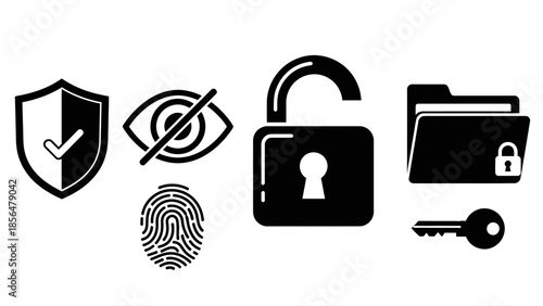 Data protection icon set private information security shield with checkmark concept sensitive content hidden by crossed-out eye and fingerprint key