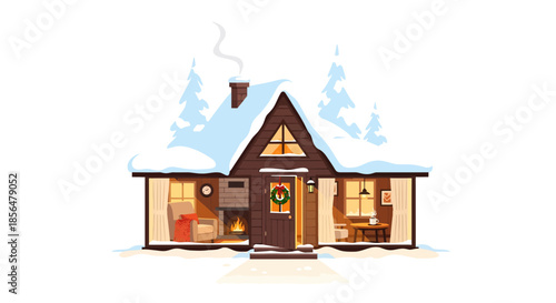 Cozy snow-covered cabin with warm holiday lights and fireplace
