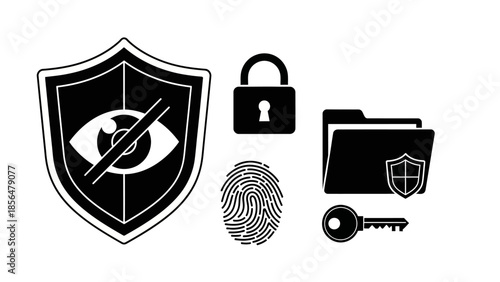 Data protection icon set private information security shield with checkmark concept sensitive content hidden by crossed-out eye and fingerprint key