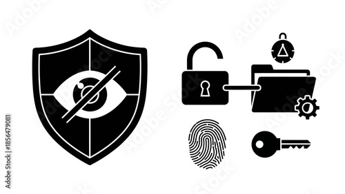 Advanced privacy and data security concept illustration featuring a shield with an invisible eye, an open padlock connected to a secure folder, fingerprint, and key
