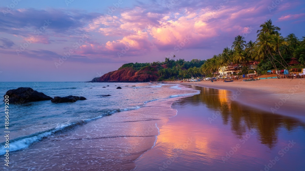 Fototapeta premium Tranquil Beach Scene at Sunset with Reflective Water and Lush Greenery by the Shoreline