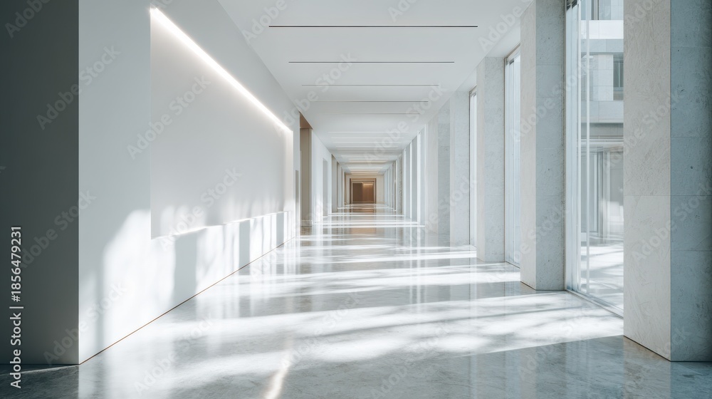 Fototapeta premium bright natural light illuminates a wide empty white wall in a modern office hallway neutral tones clean minimalist design