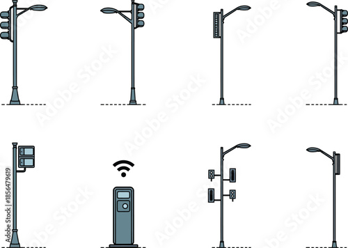 AI Generated Smart City Street and Traffic Lights Icon Set. Vector illustration of urban infrastructure including lampposts and technology poles created by AI.