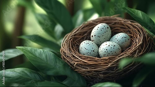 Nest with speckled eggs surrounded by lush greenery