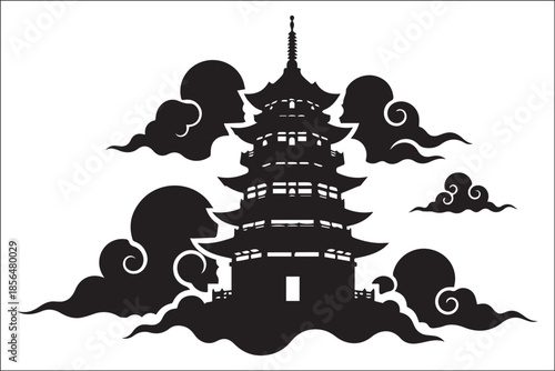 Traditional East Asian Pagoda Silhouette with Stylized Swirling Clouds
Zen Temple Architecture Illustration in Symmetrical Black and White Minimalist Style