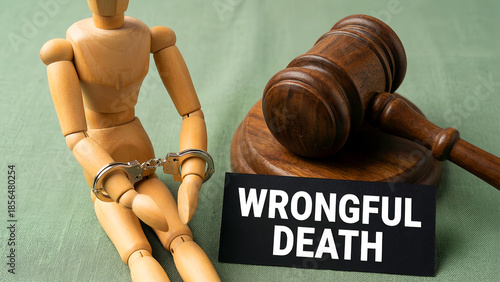 Wooden articulated figure wearing handcuffs sits near a judge's gavel and a sign labeled wrongful death symbolizing legal accountability and justice system consequences.