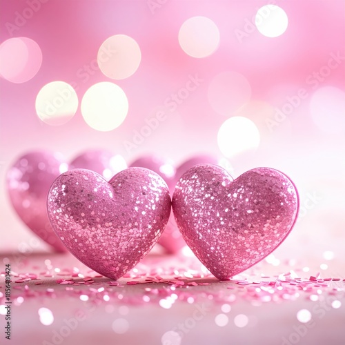 Pink glitter hearts on a soft pink background with bokeh (1)