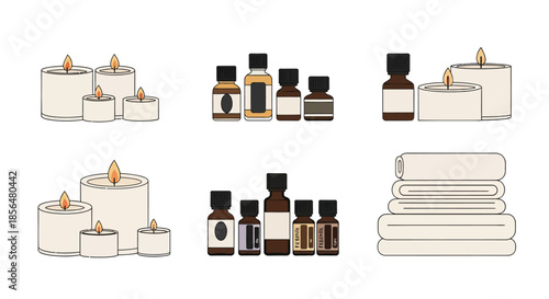 Serene spa essentials with candles, oils, and towels
