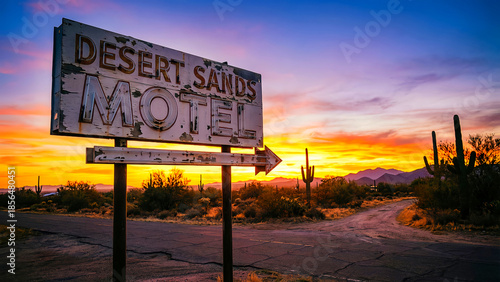 Vintage Desert Sands Motel neon sign stands weathered against a vibrant, fiery sunset over the arid landscape, beckoning travelers.