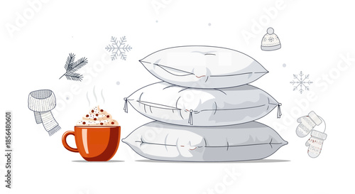 Cozy winter scene with hot chocolate and pillows