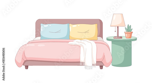 Cozy bedroom with pink bed and modern nightstand