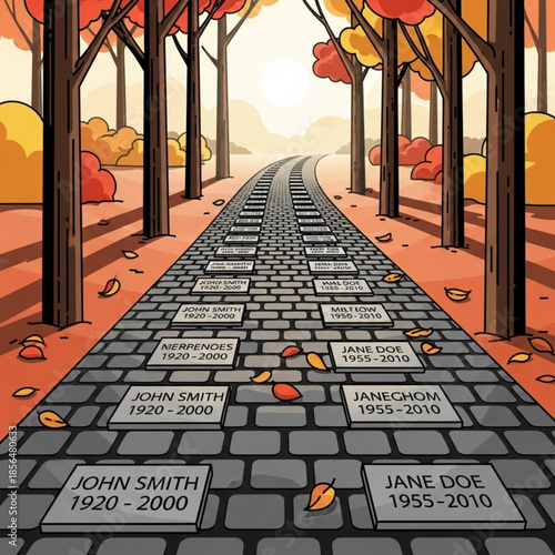 Autumn path lined with memorial stones a symbolic journey through life and remembrance concept for loss and memory