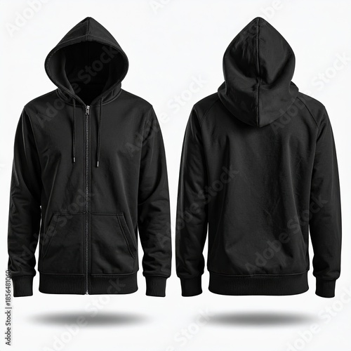 Front and back view of a plain black zip-up hoodie