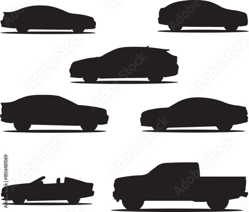 Collection of various car silhouettes isolated on transparent background