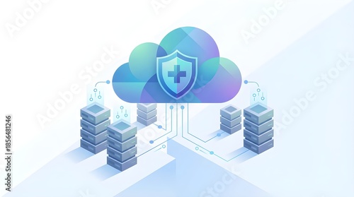 Gradient medical cloud with shield icon connected to multiple server stacks, symbolizing secure healthcare data storage, hospital information systems and protected online medical records.