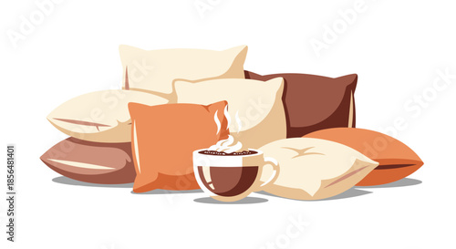 Cozy living room setup with steaming cup of coffee on pillows