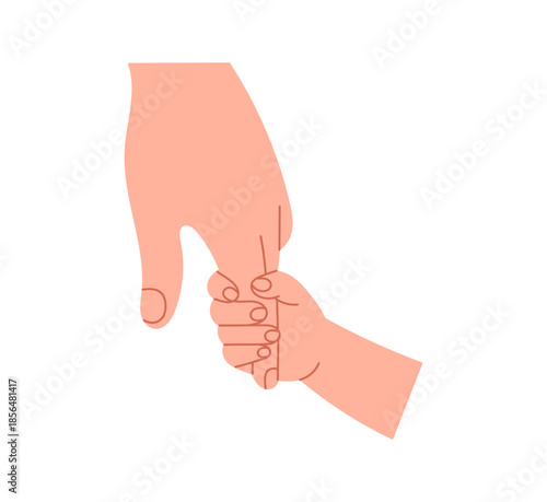 Parent holding child hand showing care, support, protection and family bond, adult and kid connection symbol, nurturing relationship and childhood safety concept flat vector illustration.