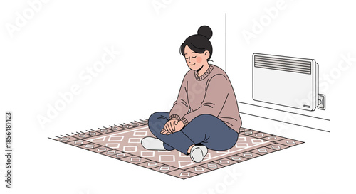 Woman meditating on patterned rug in peaceful indoor setting
