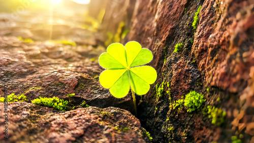 Vibrant four-leaf clover plant emerges with luminous green foliage, symbolizing powerful good fortune and resilience growing between rough textured rocks bathed in bright sunlight.