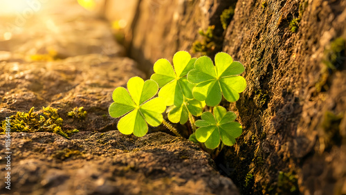 Bright green four-leaf clovers bravely growing through a narrow crack between textured brown stones illuminated by warm golden sunlight during magic hour.