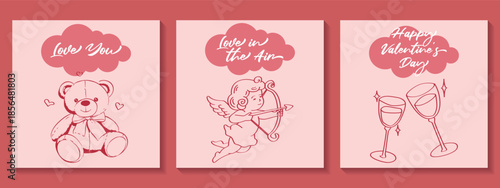 Set of 3 Valentine's Day Sketch Style Vector Cards: Teddy Bear, Cupid, and Wine Glasses.