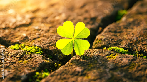 Vivid four-leaf clover glows brightly in the sunlight, emerging resiliently from a deep crack between dry, textured brown rocks, symbolizing unexpected hope and powerful perseverance.