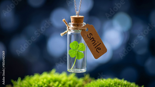 A delicate glass vial necklace containing a vibrant four-leaf clover charm hangs suspended, carrying a hopeful message of good fortune and a cheerful reminder to always smile brightly.