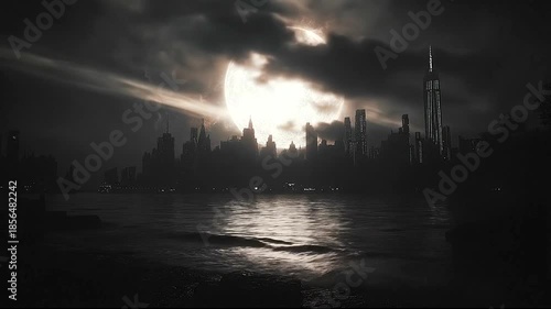 Night city skyline under a large glowing moon