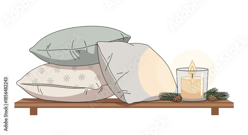 Cozy winter scene with pillows and candle on wooden bench
