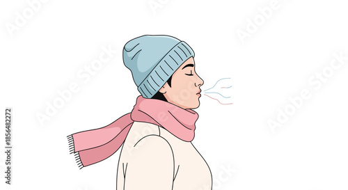 Woman bundled up in winter clothes breathing out in cold air