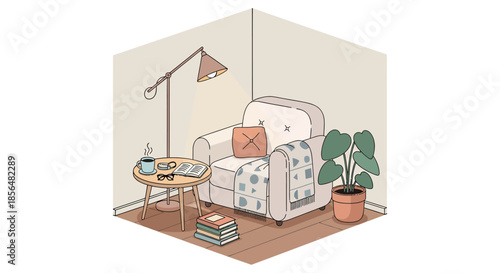 Cozy living room corner with armchair, side table, and potted plant