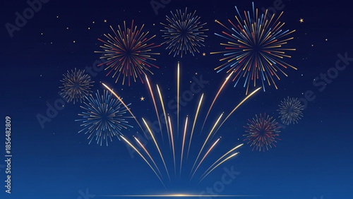 Colorful fireworks exploding in the night sky over water, festive celebration illustration