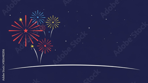 Colorful fireworks exploding in the night sky with stars and curved horizon line