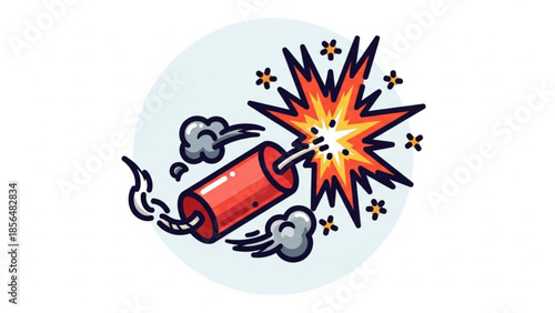 Red dynamite stick exploding with fire and smoke, cartoon illustration of danger and warning sign