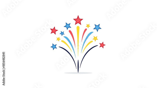 Colorful fireworks illustration with stars and vibrant explosion on white background, festive celebration decoration