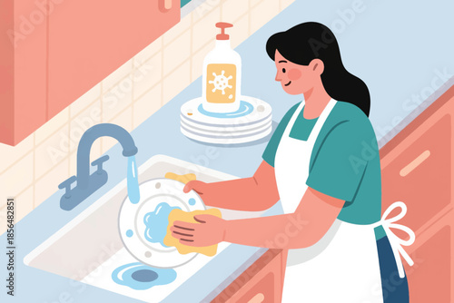 Person washing dishes at a kitchen sink with soap suds and clean plates. A fresh moment of home care.