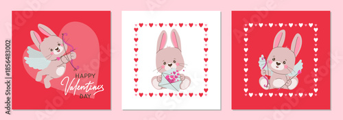 Cute Bunny Valentine s Day Vector Illustration Set