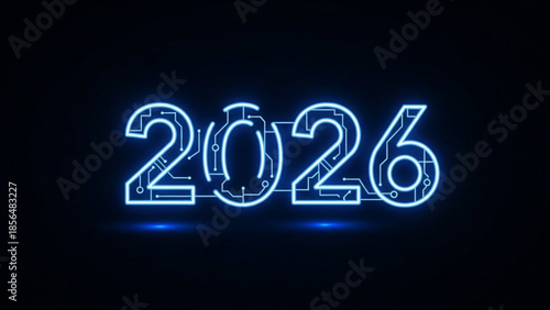 Glowing neon number 2026 with circuit board design on dark background, futuristic technology concept for new year celebration