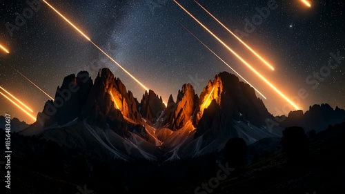 Night sky over mountains with shooting stars and glow