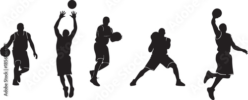 Set of Male Basketball Player Silhouettes Performing Various Actions Including Dribbling, Shooting, and Slam Dunking Isolated on White Background