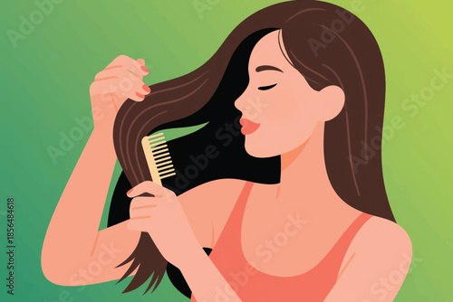 Person combing long dark hair with a wide toothed comb against a green gradient background. A calm moment of grooming.