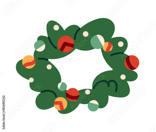 Christmas wreath with colorful baubles and ornaments, festive holiday decoration with green leaves, New Year seasonal adornment for winter celebrations flat vector illustration.