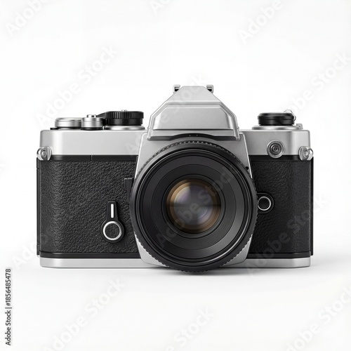 Retro silver and black film camera front view isolated on white.