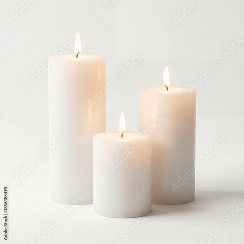 Set of three lit white pillar candles isolated on white background.