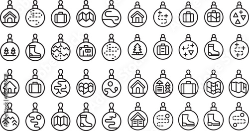 Black and white Christmas ornaments icons set with various travel and winter symbols